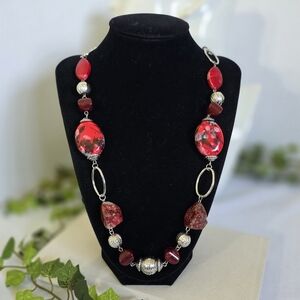 Silver with Red Art Glass and Acrylic Beads Long Necklace